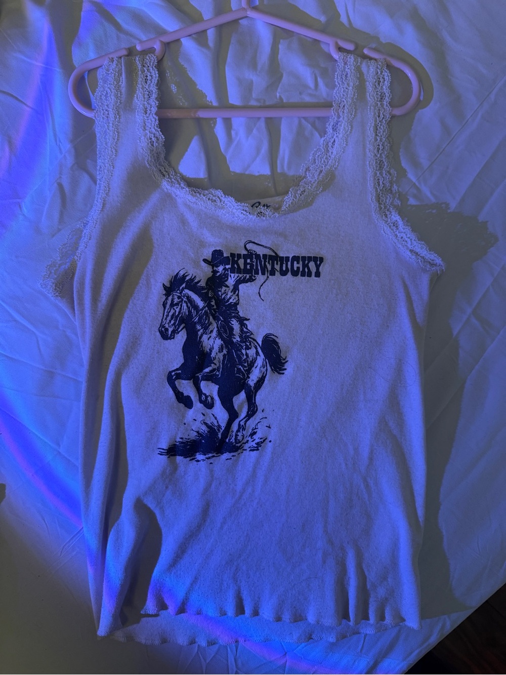 Brandy Melville John Galt Kentucky Lace-Trim' White Tank Top with Horse Graphic